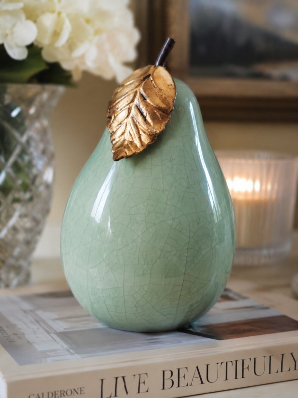 Rare Tamara M Childs Celadon Crackle Glaze Ceramic Pear Gold Leaf Decor
